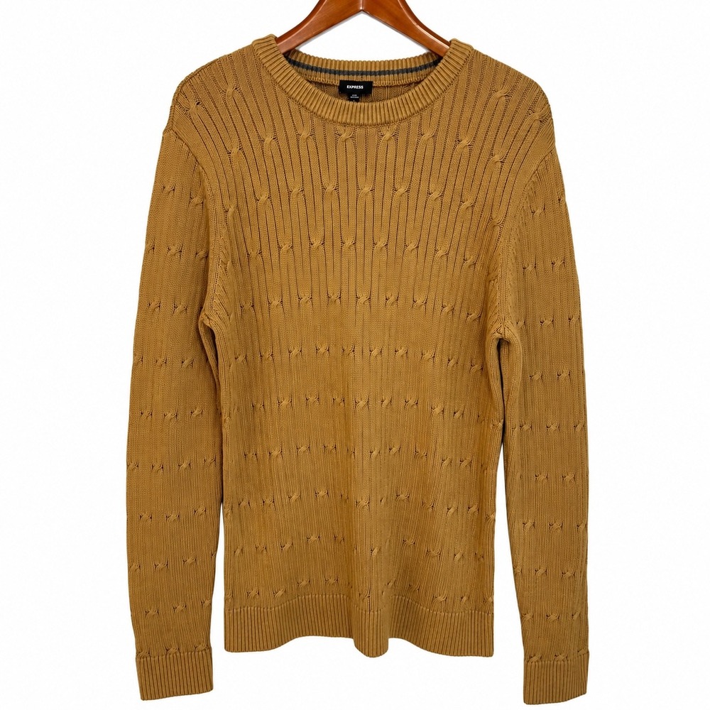 Express Mens L Cable Knit Crewneck Sweater Camel Brown Tan 100% Cotton EX006561